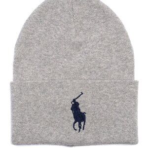 Polo Ralph Lauren Fall Winter Cuffed Acrylic Beanie Solid Big Logo Gray Blue